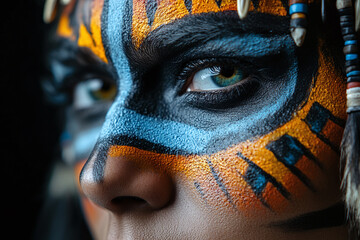 Aztec warrior face paint details with vibrant colors.