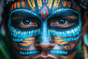 Aztec warrior face paint details with vibrant colors.