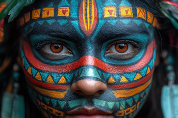 Aztec warrior face paint details with vibrant colors.