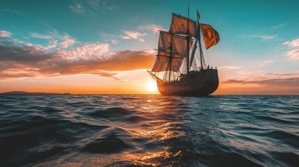 Majestic Sailing Ship at Sunset Over Tranquil Waters