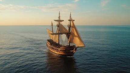 Fototapeta premium Majestic Tall Ship Sailing Through Calm Waters at Sunset
