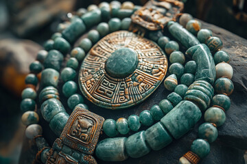 traditional Aztec necklace with jade and shell beads.