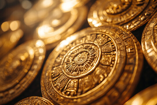 gold Aztec jewelry pieces with symbolic engravings.