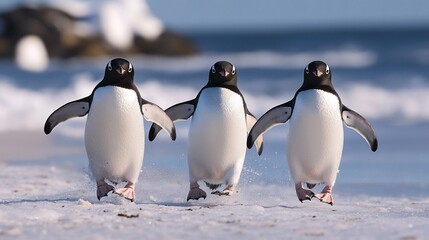 Obraz premium Three penguins waddle together on a snowy beach.