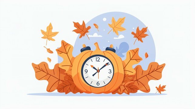 Time to Fall Back: Daylight Saving Time Ends with Pumpkin Clock and Autumn Leaves