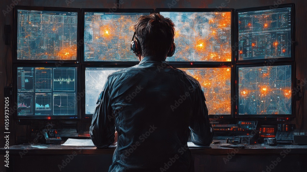 Poster a person in a dark room observing data on multiple screens
