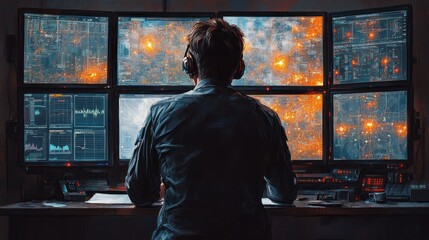 Obraz premium A Person in a Dark Room Observing Data on Multiple Screens