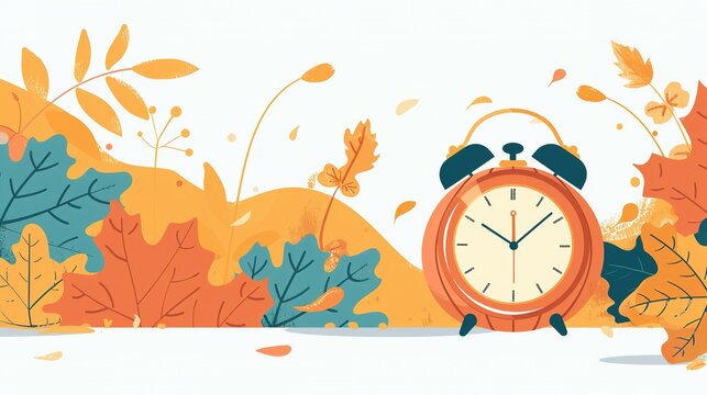 Time to Fall Back: Daylight Saving Time Ends with Pumpkin Clock and Autumn Leaves - Powered by Adobe