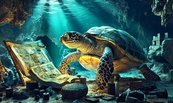 A turtle explores an ancient underwater scene with a map and artifacts.