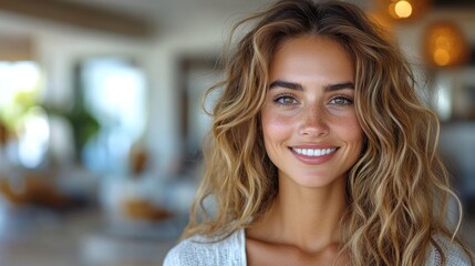 Obraz premium A close-up portrait of a young woman with long, wavy, blonde hair smiling at the camera. Her eyes are blue, and she is wearing a white sweater.