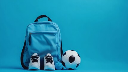 Blue Sports Backpack with Soccer Ball and Shoes on Turquoise Background