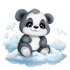 Fototapeta premium A cute cartoon panda sitting playfully on fluffy clouds with a cheerful expression