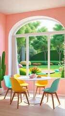 Obraz premium Bright dining room with colorful chairs and garden view through arched window