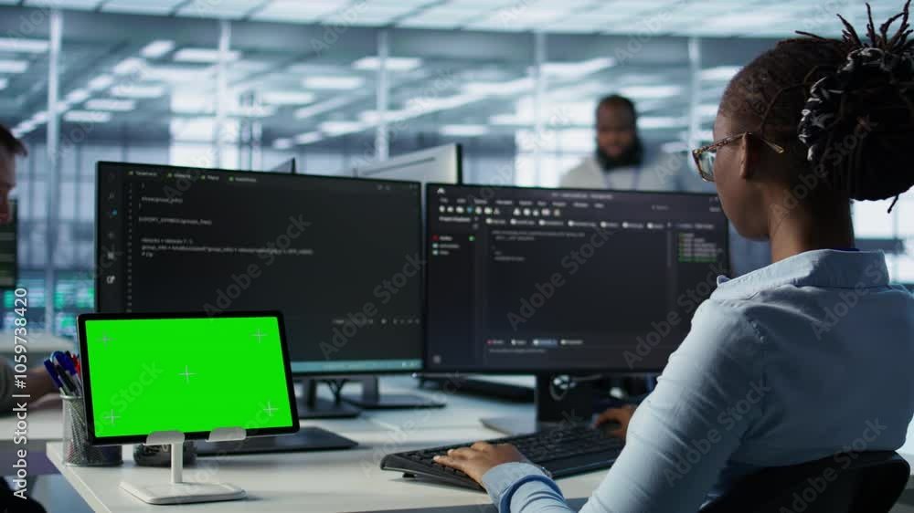Poster isolated screen tablet in front of it support workers coding on computers, upgrading equipment. engi