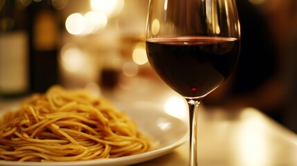 Naklejka premium A glass of rich red wine accompanied by delicious pasta in the heart of rome, italy