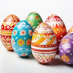 A collection of colorful, decorated Easter eggs arranged together.