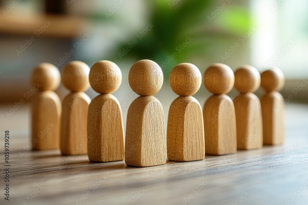 Aufkleber wooden figures in a row: a symbolic image of unity and teamwork, featuring a row of small, light bro