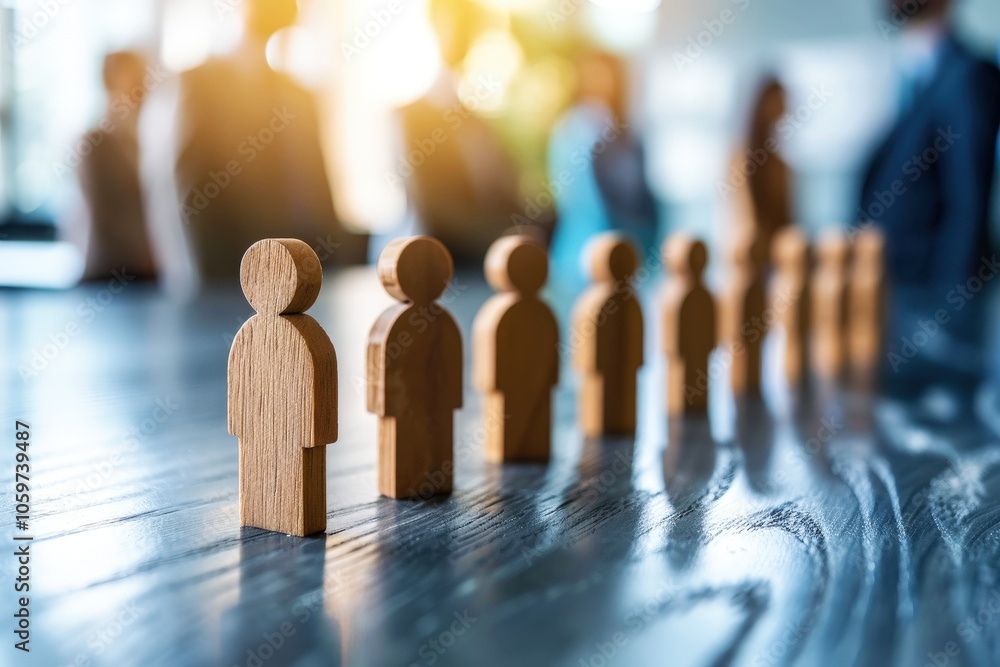 Aufkleber teamwork and collaboration: a row of wooden figurines symbolizing unity and strength, with blurred f