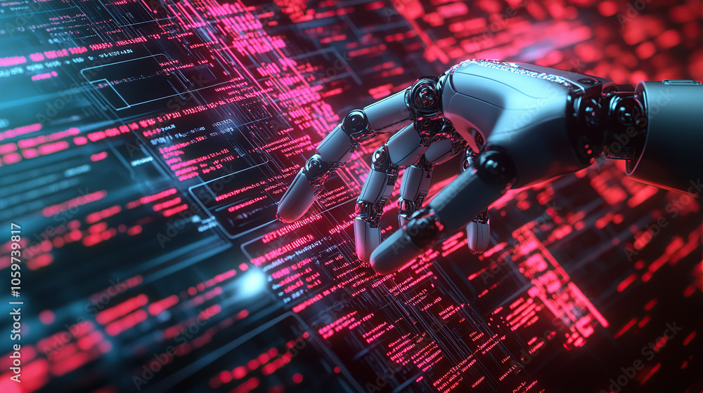 Poster a robotic hand is touching the screen of an advanced computer, with glowing code and data flowing ac