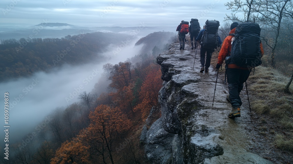 Aufkleber A group of hikers clad in bright orange jackets navigates a narrow rocky path along a cliff. Below, dense fog blankets the lush valley, creating a tranquil atmosphere in the early dawn.