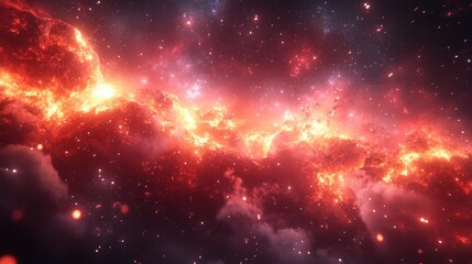 Obraz premium A fiery nebula glows in the vast expanse of space, illuminating surrounding stars with its incandescent light.