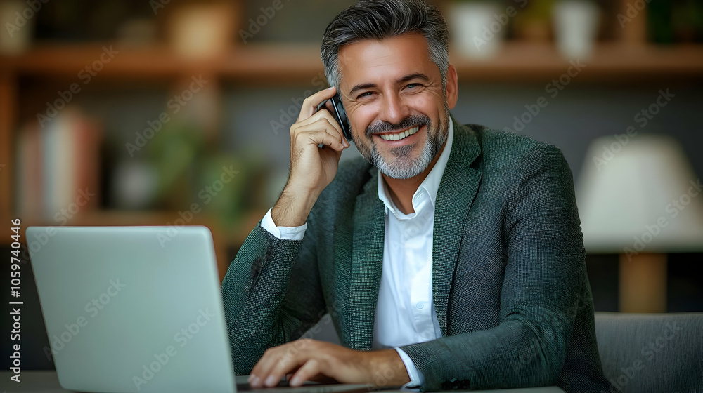 Poster smiling businessman talking on phone while working on laptop - realistic image