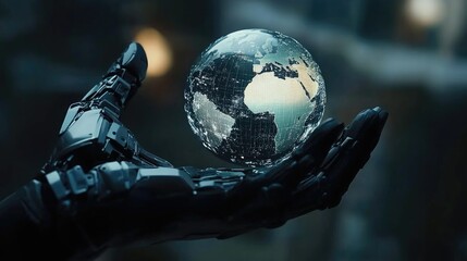 AI Assistant Holding Luminous Globe in Futuristic Setting