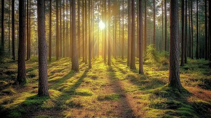 Obraz premium Serene Forest Landscape with Sunlight Filtering Through Trees