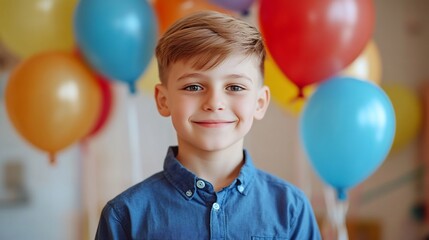 Obraz premium Happy boy smiling at the camera with balloons in the background.