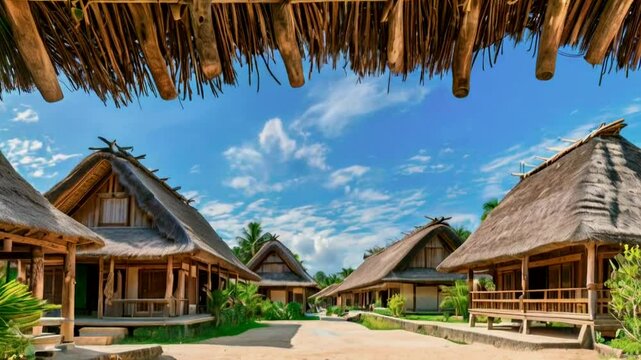 Tropical village scene with thatched-roof huts under a blue sky and fluffy clouds.