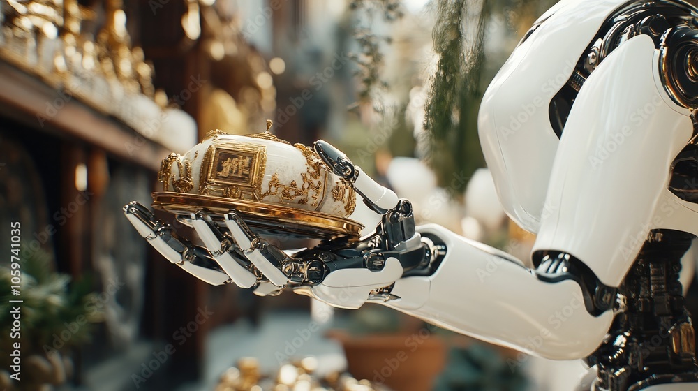 Poster robot hand displaying valuable object in close-up