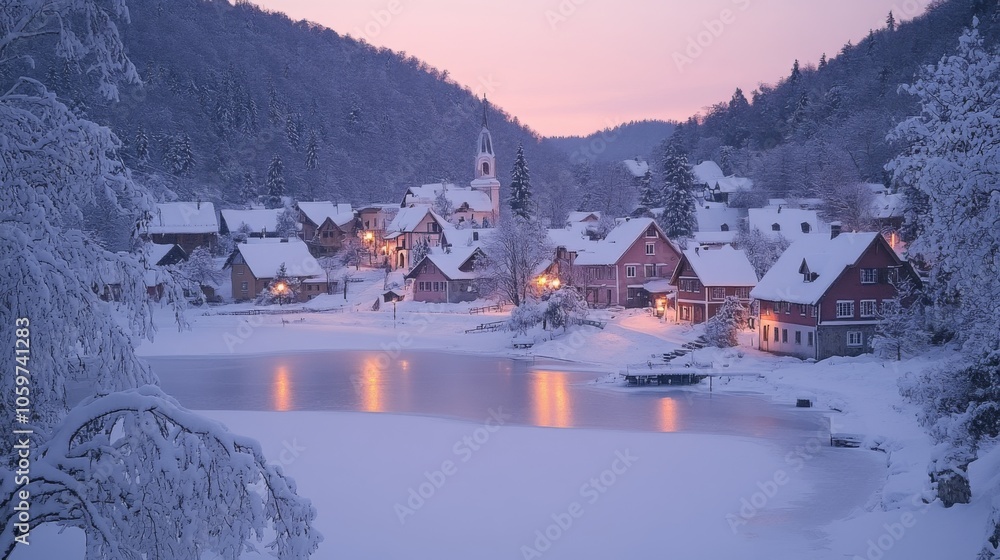 Poster a picturesque village blanketed in snow at dusk reflects soft lights shimmering on a lake, with moun
