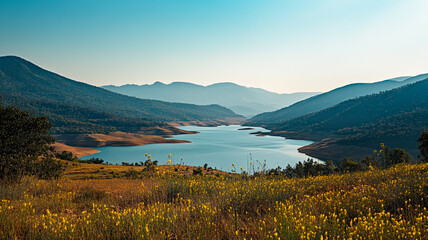 Obraz premium Serene lakeside view at dusk with mountains and wildflowers in a tranquil natural landscape