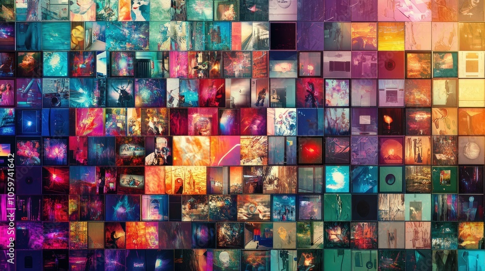 Poster abstract wall of streaming channels, vibrant colors and entertainment images in grid style