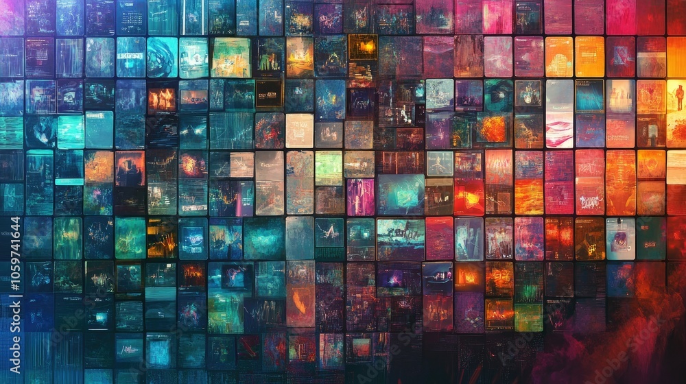 Poster abstract wall of streaming channels, vibrant colors and entertainment images in grid style