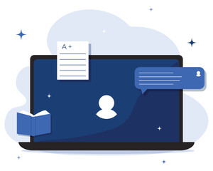 Work and education online.  Virtual classes, chat windows, laptop, smartphone. Vector illustration