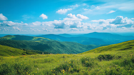 Obraz premium Vast green hills under a bright blue sky with fluffy clouds in a serene mountain landscape