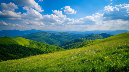 Obraz premium Vibrant green hills under a bright blue sky with scattered clouds in a peaceful landscape