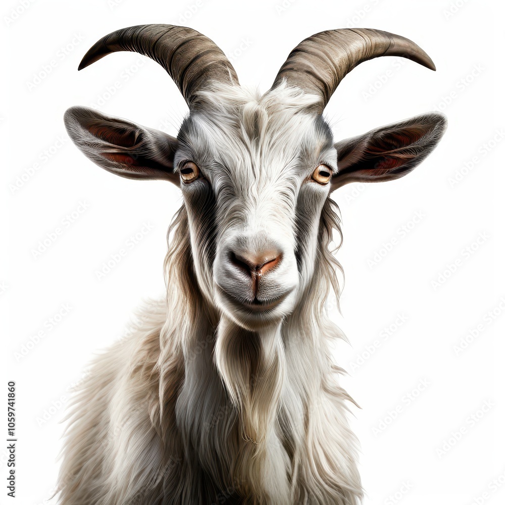 Poster a close-up portrait of a goat with distinctive features and a fluffy coat.