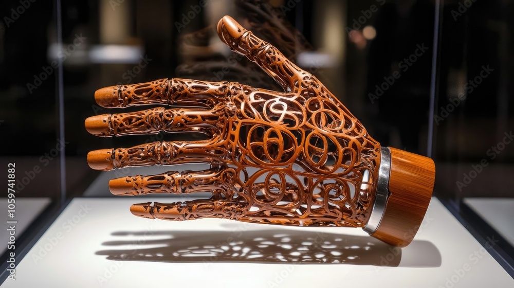 Poster intricate robot hand display with carvings