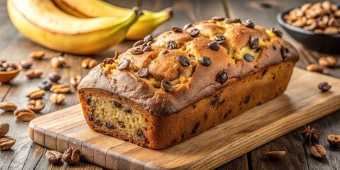 Freshly baked banana bread with walnuts and chocolate chips on a wooden board