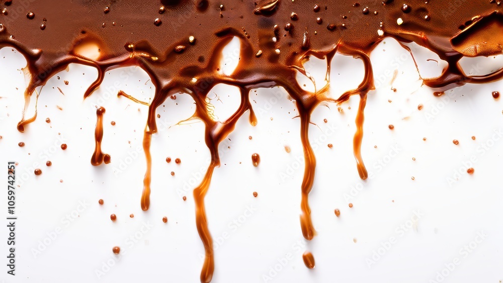 Poster a close-up of melted chocolate dripping on a white surface, creating a glossy effect.
