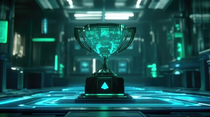Virtual Tech Trophy in Futuristic AI Environment
