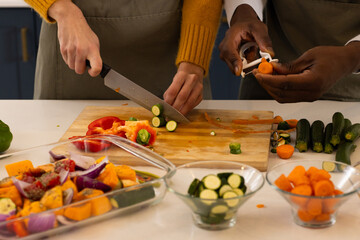 Christmas time, multiracial couple preparing fresh vegetables together, enjoying cooking at home