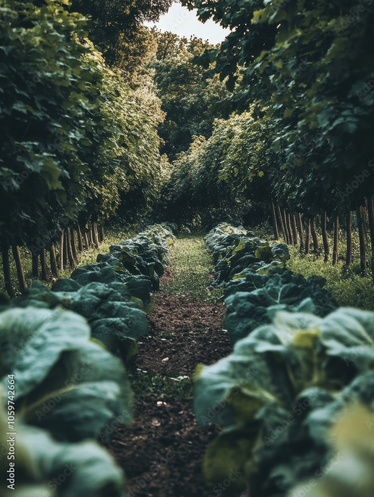 Poster Vegetables are neatly arranged in straight rows within a vibrant garden, flanked by tall trees under soft afternoon light. Generative AI
