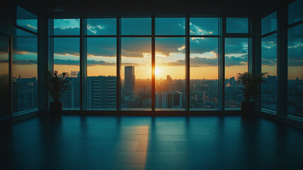 Fototapeta premium Stunning sunset view from a modern skyline office in a bustling urban environment