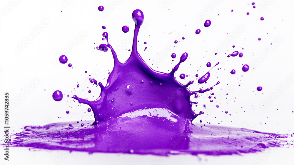Poster vivid purple paint splashes dynamically across a white surface, creating an artistic display