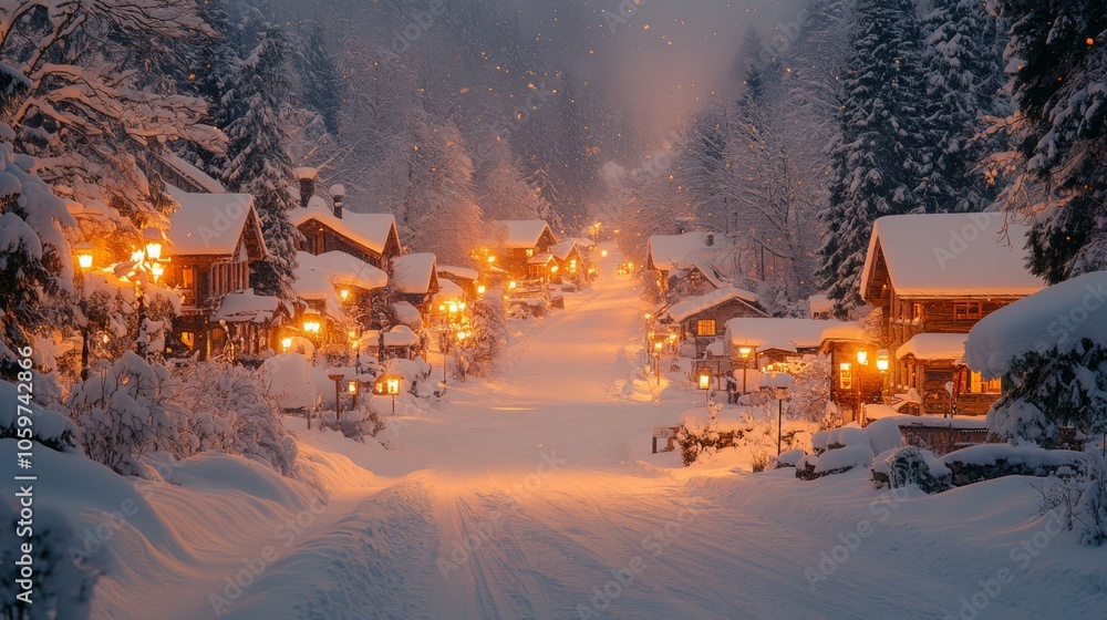 Aufkleber a charming village nestled in snow-covered trees features rustic homes softly glowing with light. sn