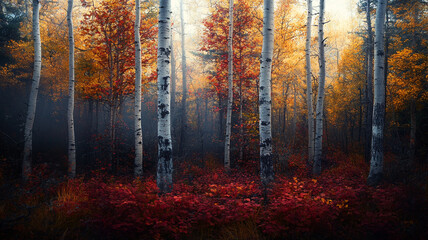 Fototapeta premium Autumn foliage showcases vibrant colors in a serene forest during golden hour
