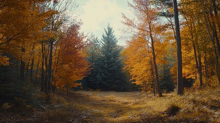 Fototapeta premium Vibrant autumn landscape with colorful trees surrounding a tranquil meadow in the forest